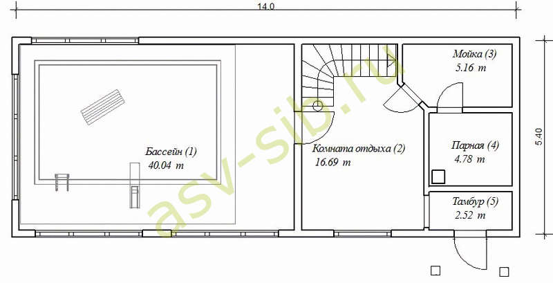 Проект первого этажа бани из бруса Д97-4 с бассейном.