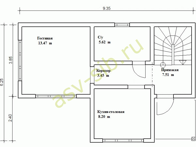 План коттеджа брусового по проекту Б-109: первый этаж.